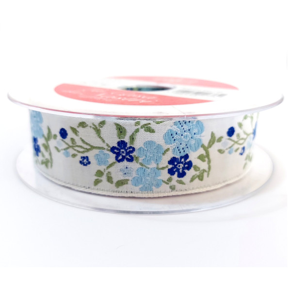 Nastro Jacquard - Ramillas con Flores Azul -  Ancho 30 mm